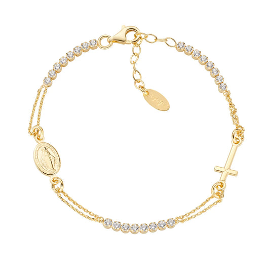 Bracciale Amen Dorato Croce e Miracolosa con Tennis Bianco - BRCRMIGBZ3