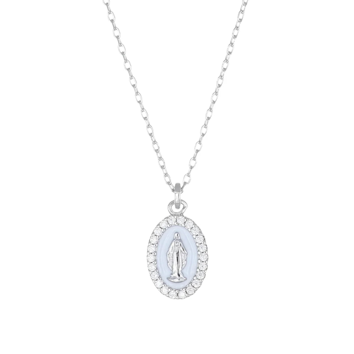 Collana Amen mini Medaglia Miracolosa Rodiata smaltata Bianco Perla - CLMISMBB